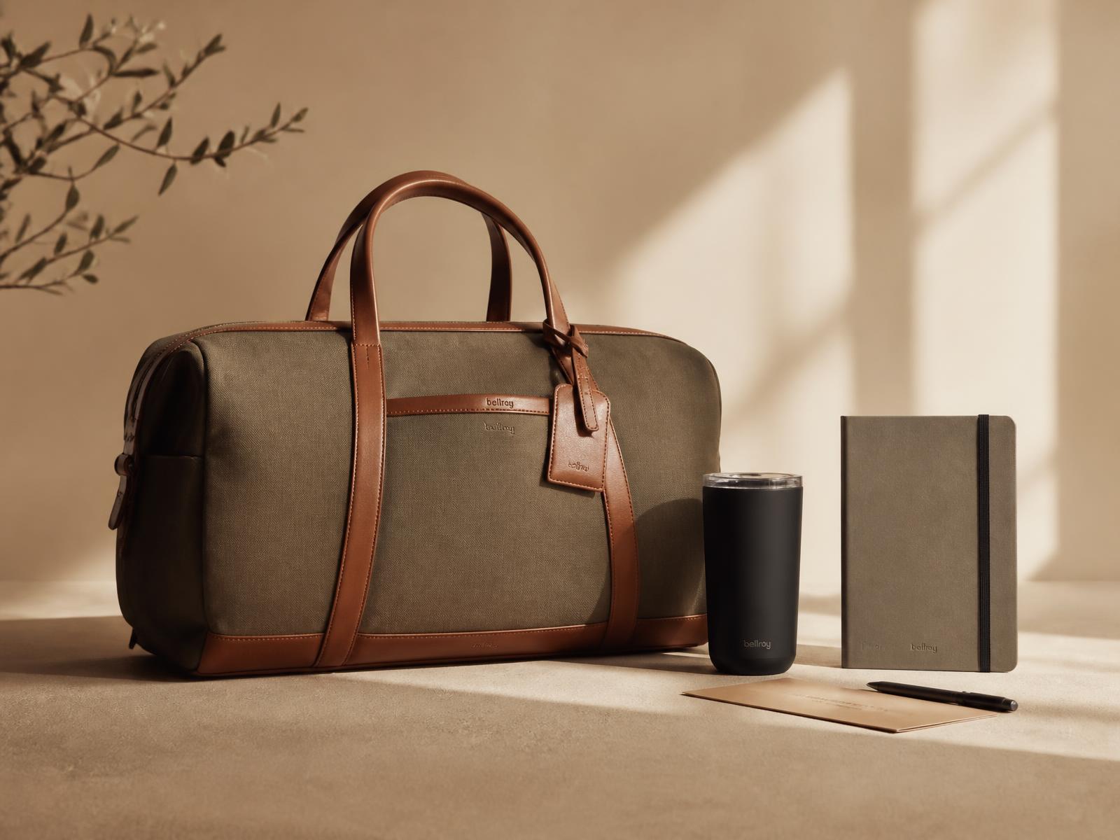 Kit de brindes corporativos premium com bolsa de lona, copo térmico e caderno